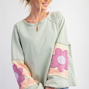 Easel Sage Green Flower Patch Long Sleeve Top  Large